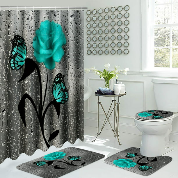 Details about   US Butterfly Waterproof Shower Curtain Anti-Slip Bath Mat Pedestal Rug Lid Cover